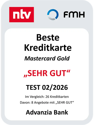 n-tv & FMH-Finanzberatung: Beste Kreditkarte, Gesamturteil «sehr gut» (TEST 02/2026).